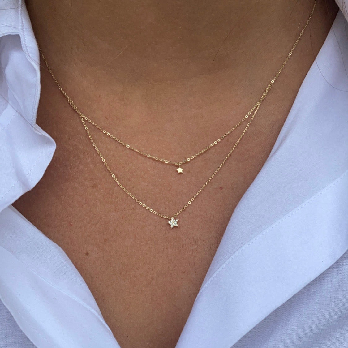 9ct Gold Double Star Necklace with CZs - John Ross Jewellers