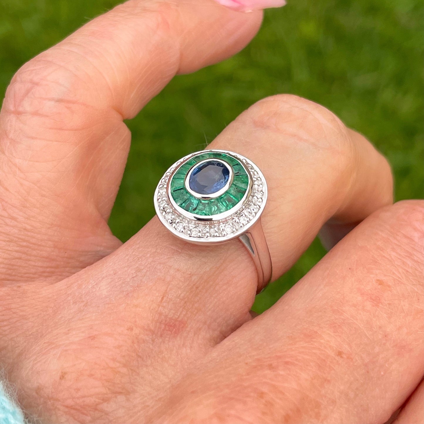 9ct White Gold Sapphire, Emerald & Diamond Ring - John Ross Jewellers