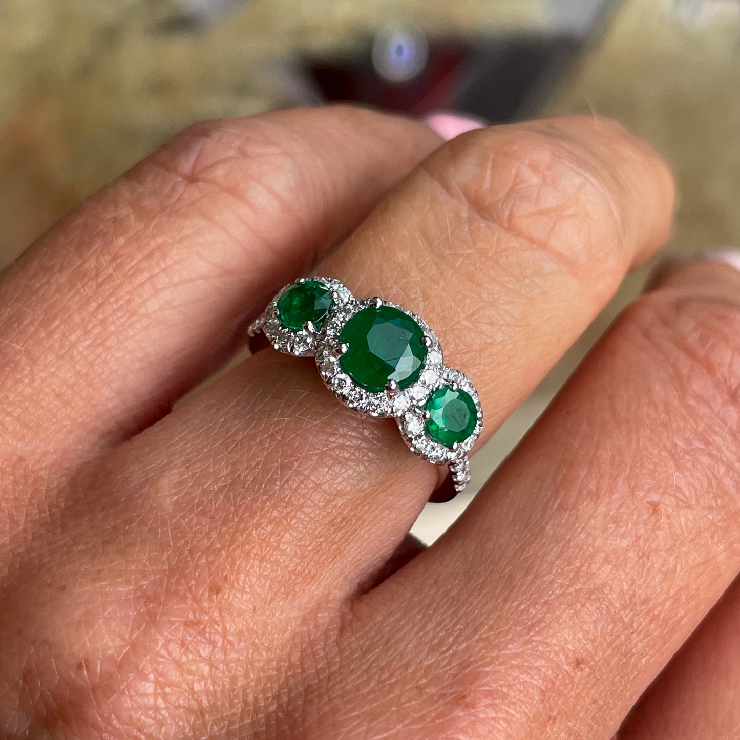 Platinum Emerald & Diamond Trilogy Garland Ring | Diamond Shoulders - John Ross Jewellers