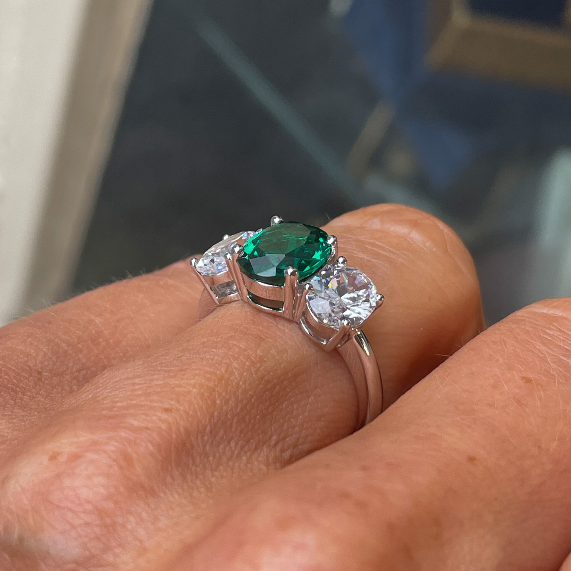 Silver Created Emerald CZ Trilogy Ring - John Ross Jewellers