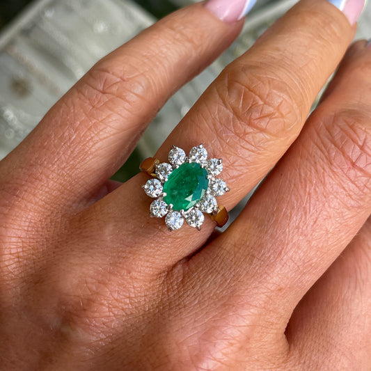 18ct Gold Oval Cut Emerald & Diamond Cluster Ring - John Ross Jewellers