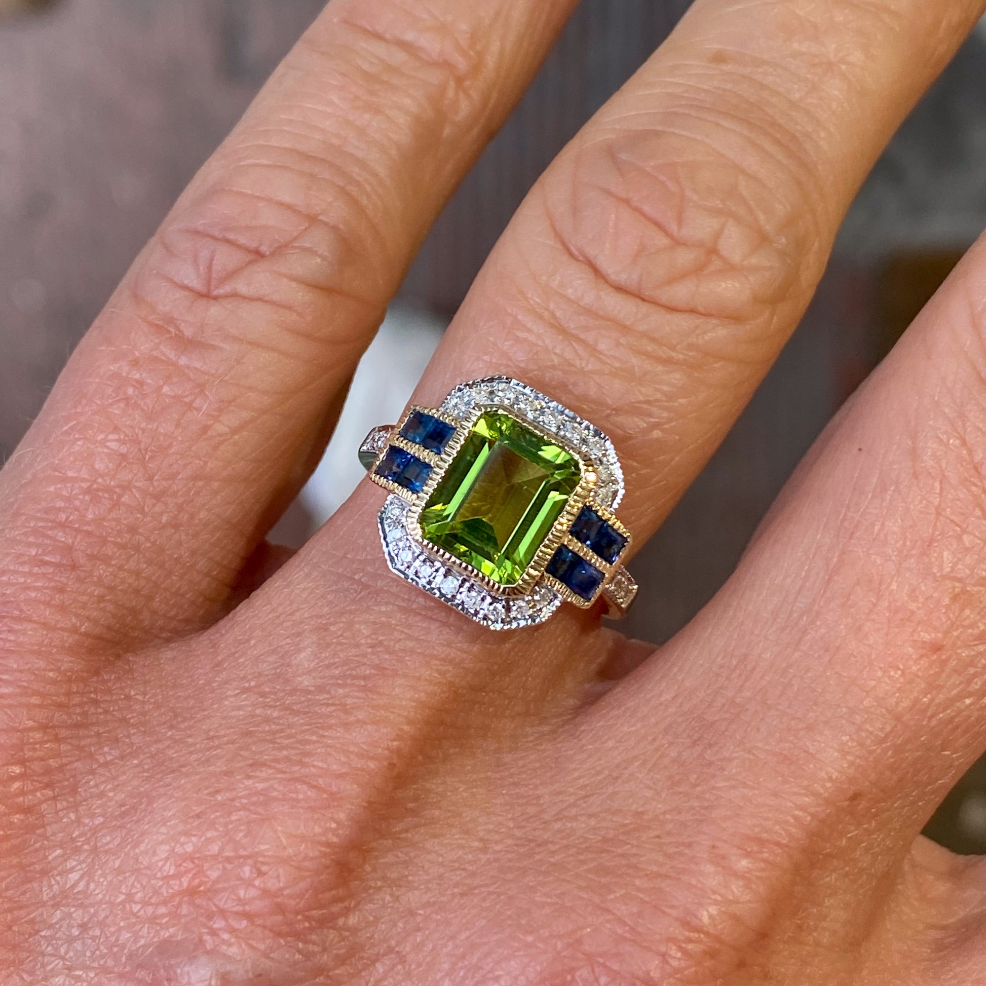 9ct Gold Peridot, Sapphire & Diamond Ring - John Ross Jewellers