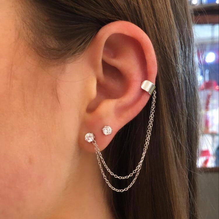 Silver CZ Stud Earrings with Double Chained Cuff - John Ross Jewellers