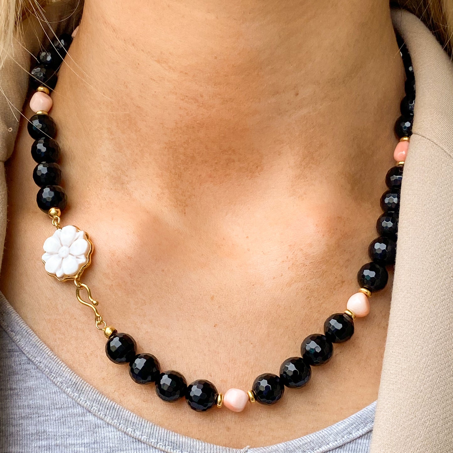 Floral Cameo, Onyx & Rose Coral Necklace | 50cm - John Ross Jewellers