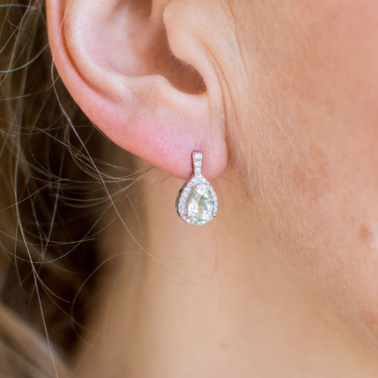 Silver Green Amethyst Long Pear Halo Earrings - John Ross Jewellers