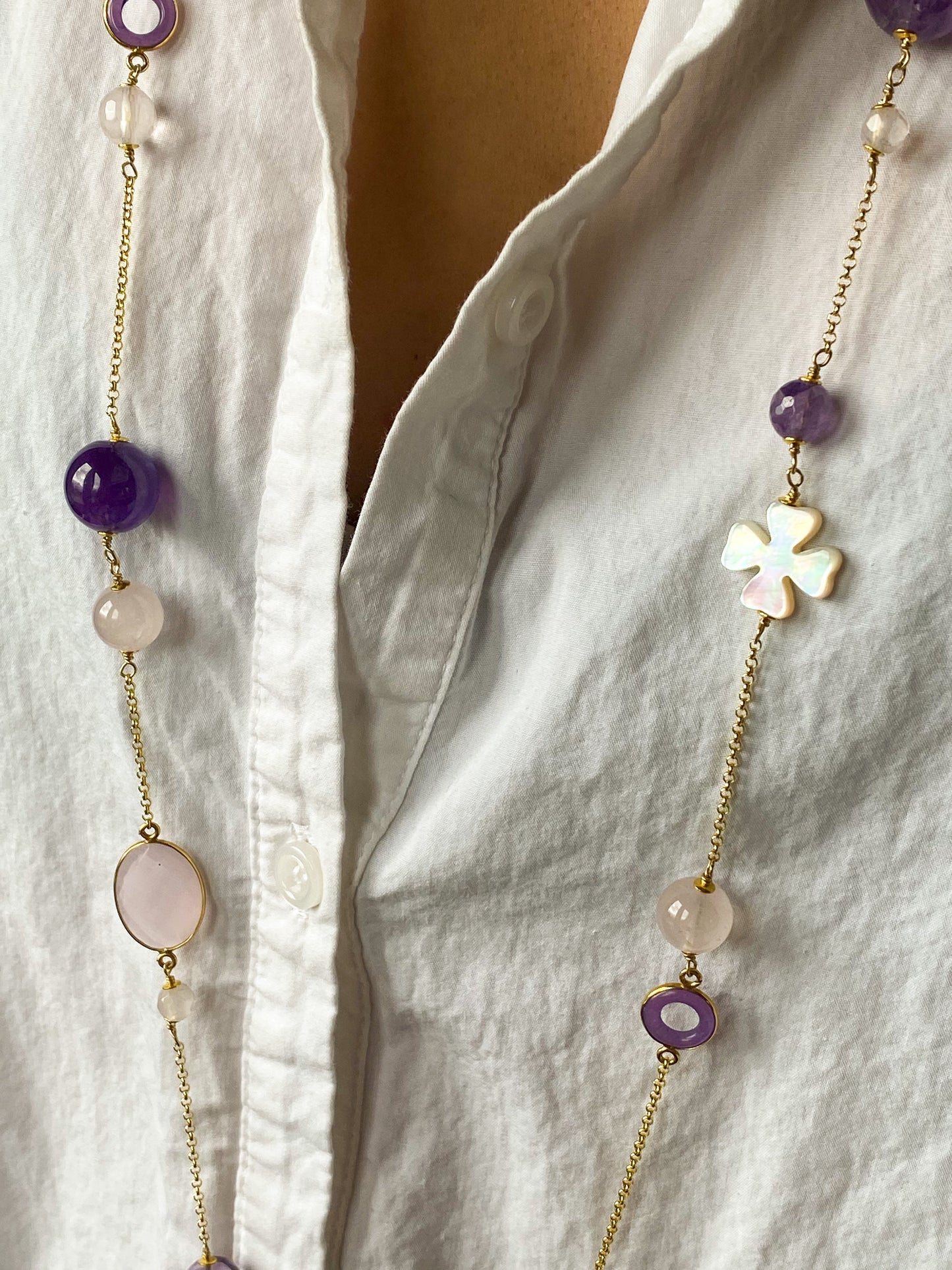 Natural Beauty - Mother of Pearl, Amethyst & Rose Quartz Necklace | 100cm - John Ross Jewellers