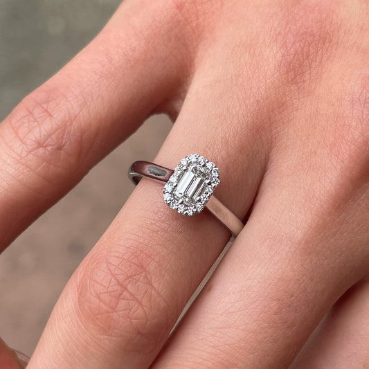 18ct White Gold Emerald Cut Halo Diamond Engagement Ring 0.51ct - John Ross Jewellers