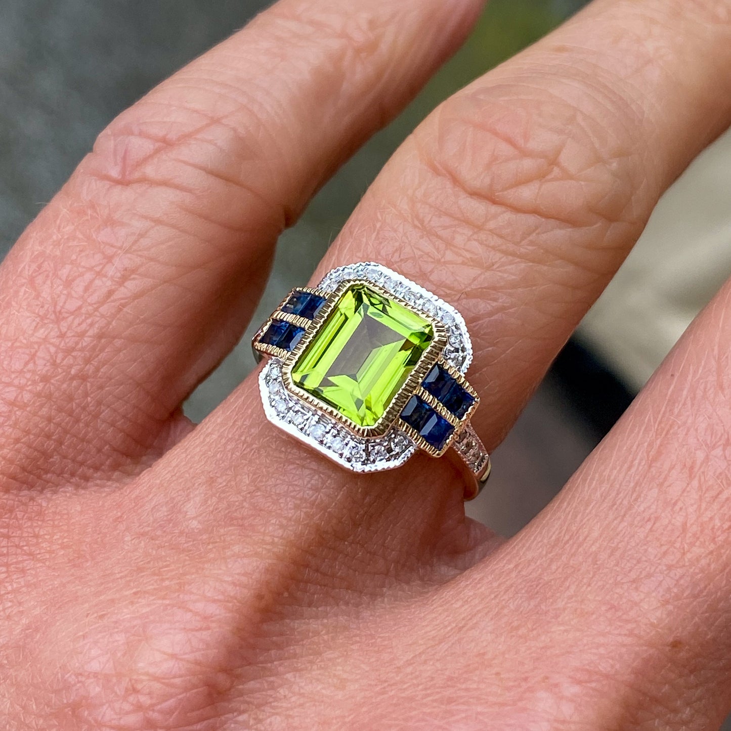 9ct Gold Peridot, Sapphire & Diamond Ring - John Ross Jewellers