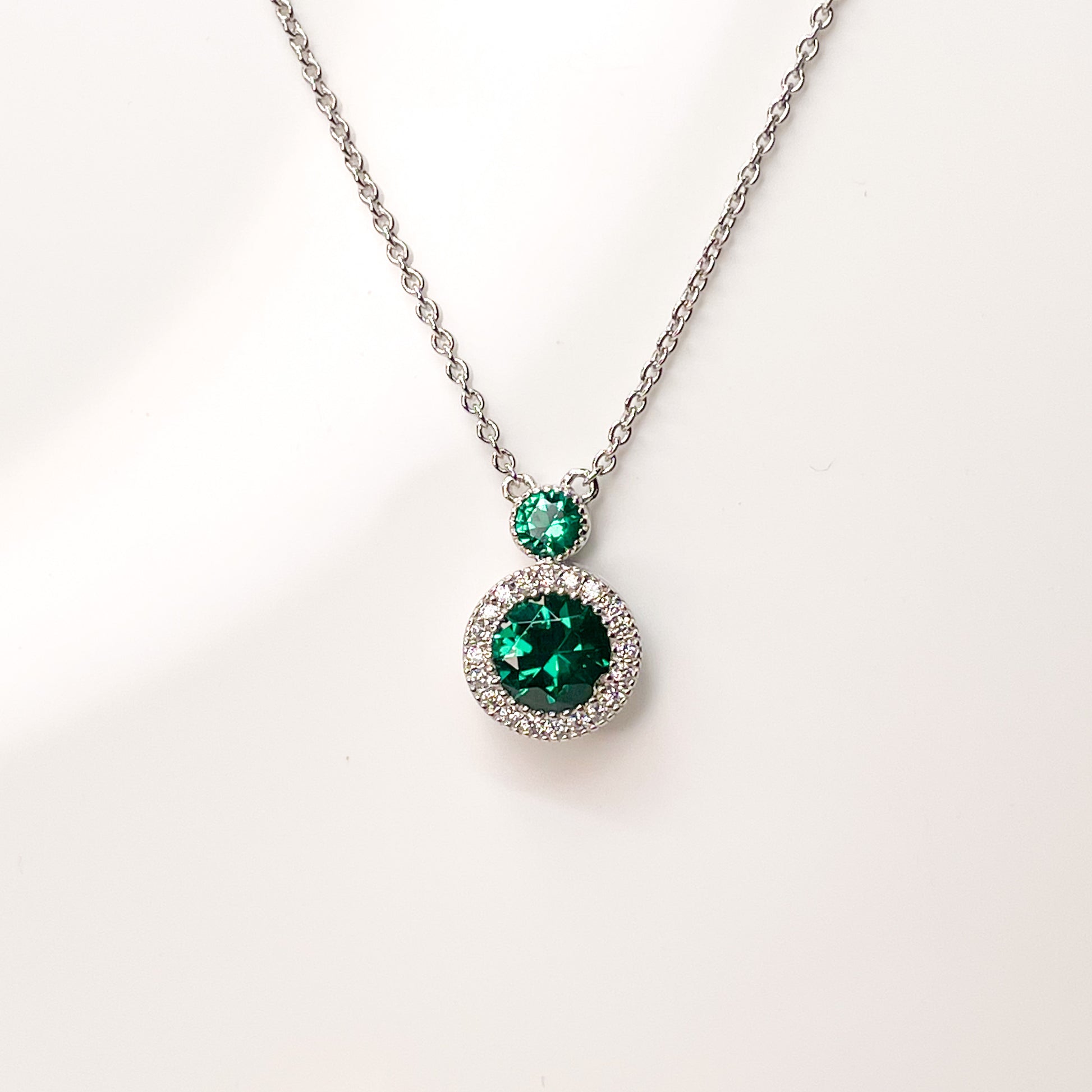 Silver Halo Created Emerald & CZ Necklace - John Ross Jewellers