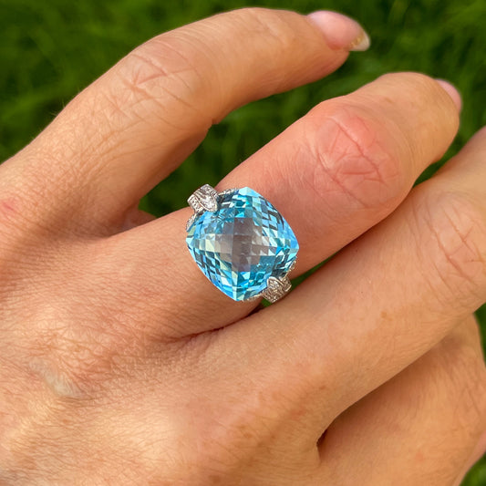 18ct White Gold Blue Topaz & Diamond Cocktail Ring | 11.13ct - John Ross Jewellers