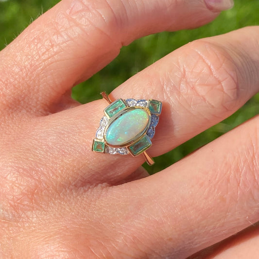 9ct Gold Gem Opal, Emerald & Diamond Ring - John Ross Jewellers