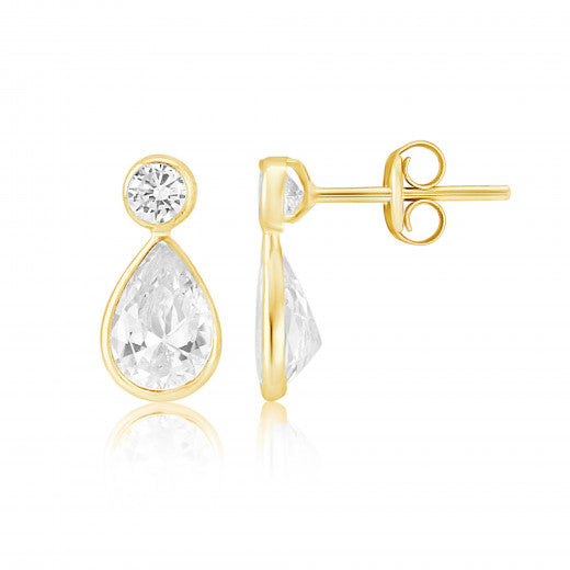 9ct Gold Pear & Round CZ Rubover Stud Earrings - John Ross Jewellers