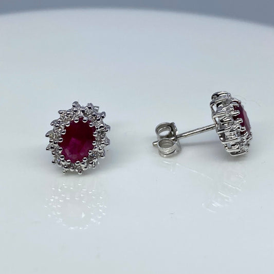 9ct White Gold Ruby & Diamond Cluster Earrings - John Ross Jewellers