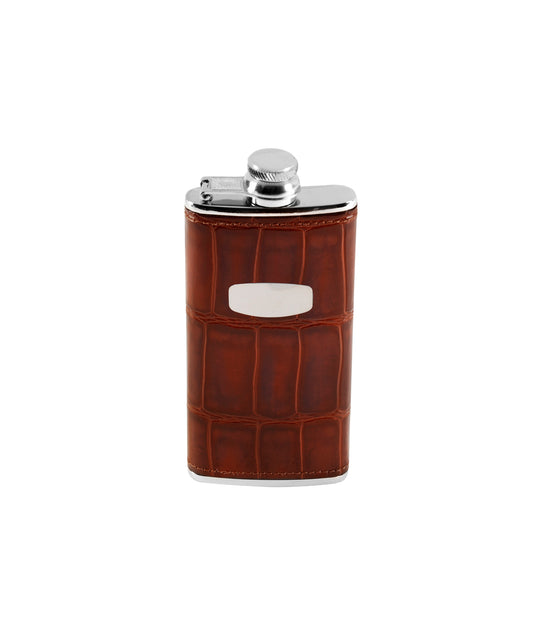 Brown Crocodile Style Leather 4oz Hip Flask - John Ross Jewellers