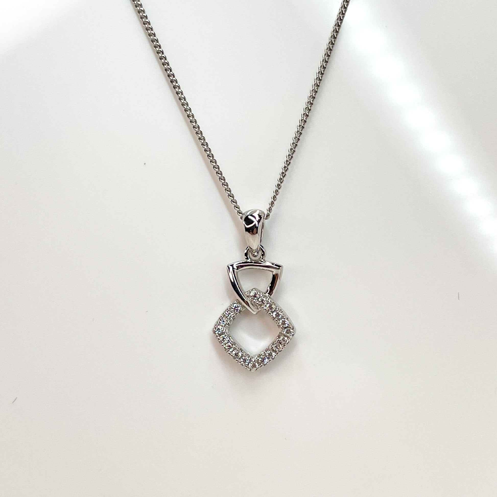 Silver Triangle & CZ Square Pendant Necklace - John Ross Jewellers