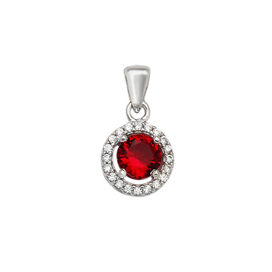 Silver Created Garnet & CZ Halo Pendant Necklace - John Ross Jewellers