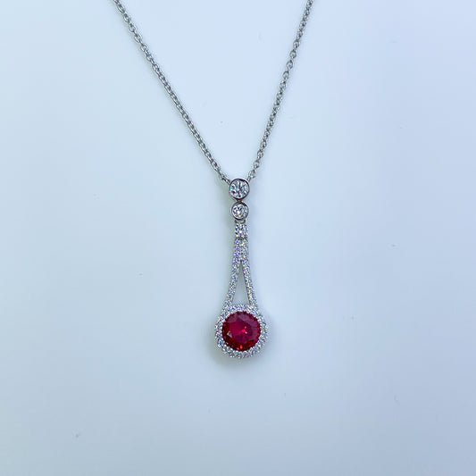 Silver Created Ruby & CZ Halo Drop Necklace - John Ross Jewellers
