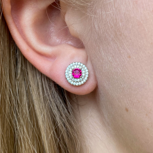 Silver CZ Double Halo Stud Earrings - Created Ruby - John Ross Jewellers