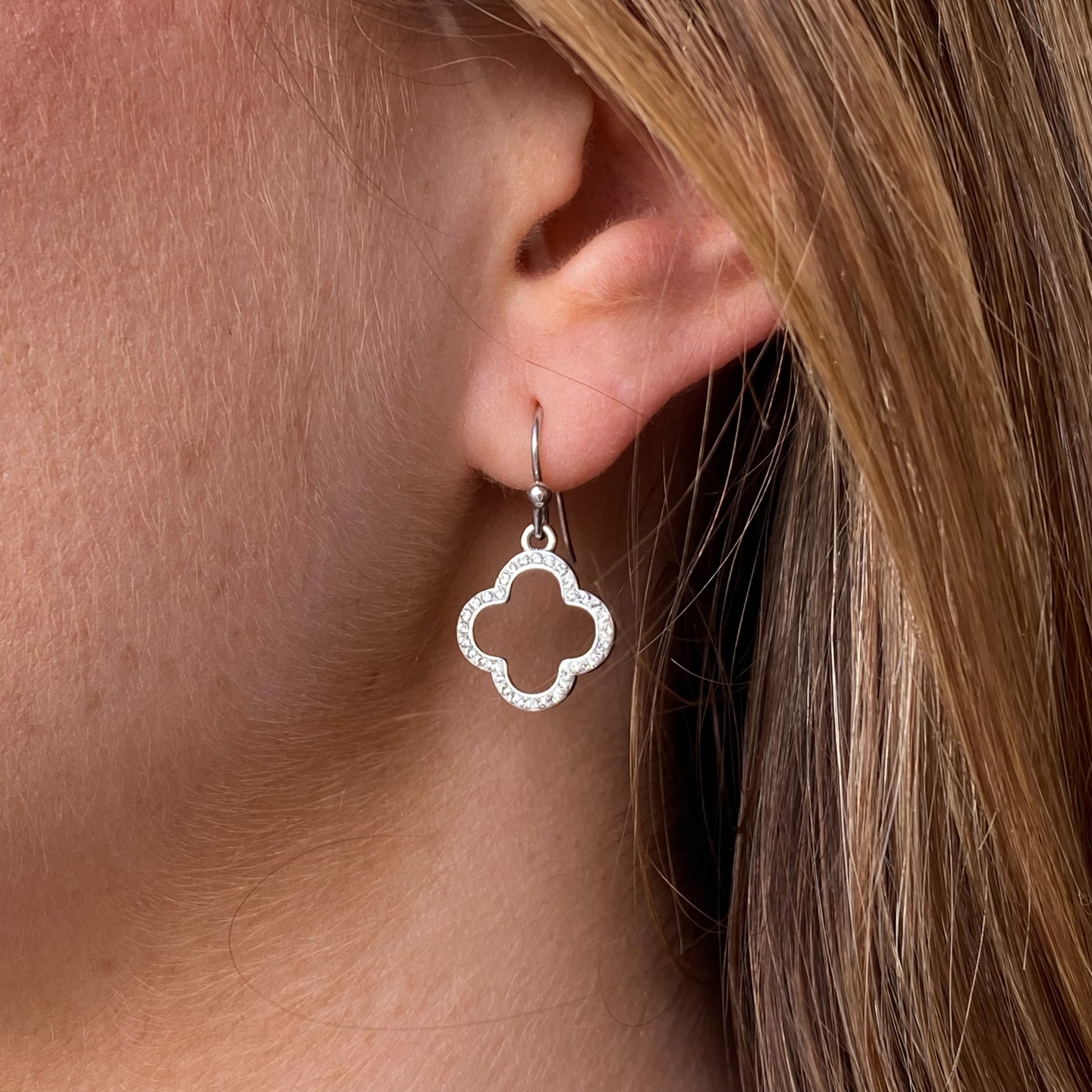 Silver CZ Quatrefoil Hook Drop Earrings - John Ross Jewellers