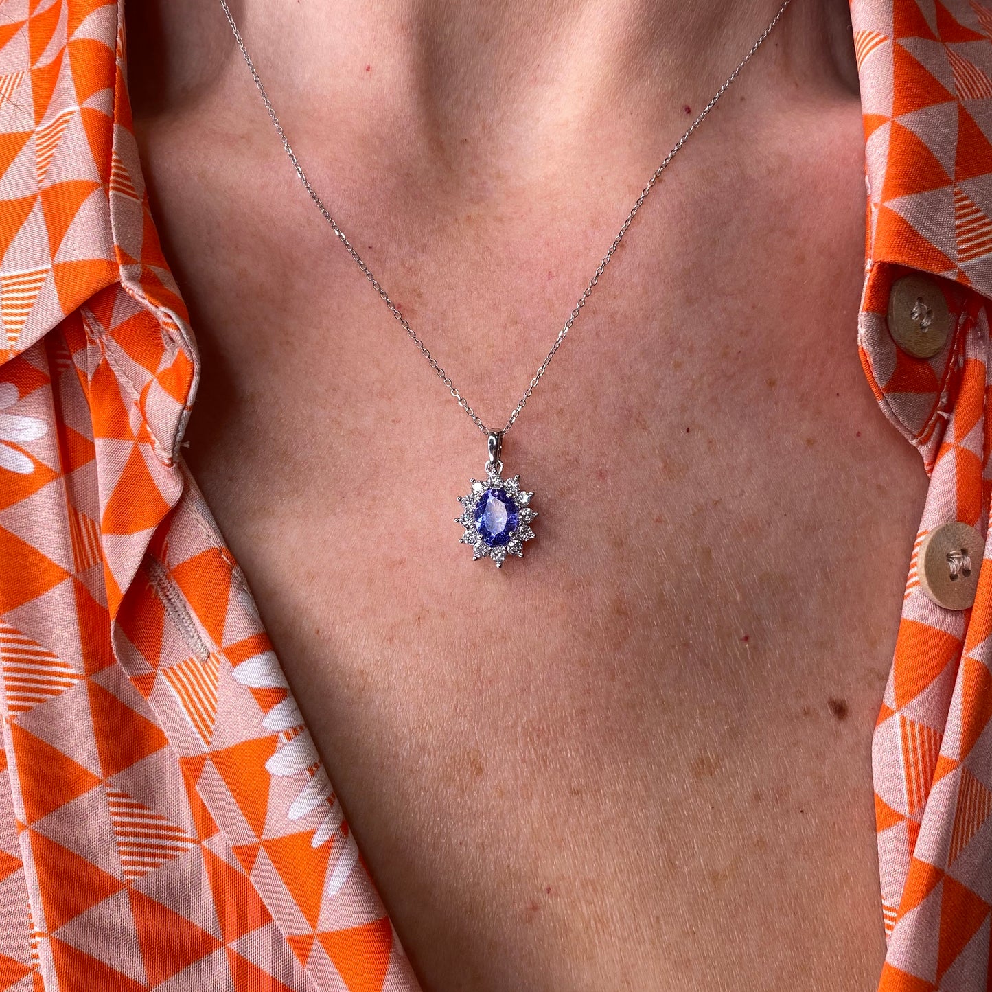 18ct White Gold Tanzanite & Diamond Pendant - John Ross Jewellers