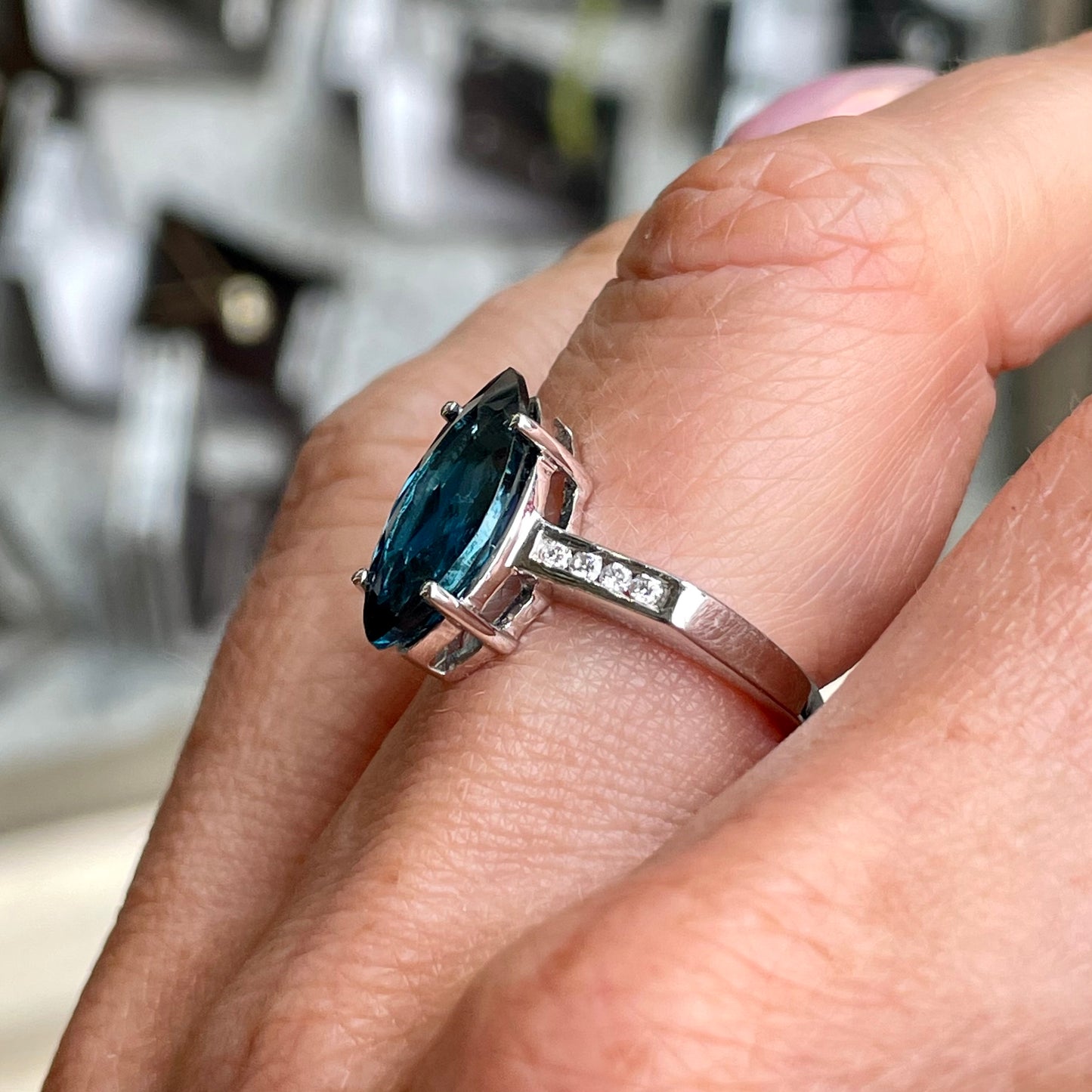 9ct White Gold Marquis Cut London Blue Topaz & Diamond Ring - John Ross Jewellers