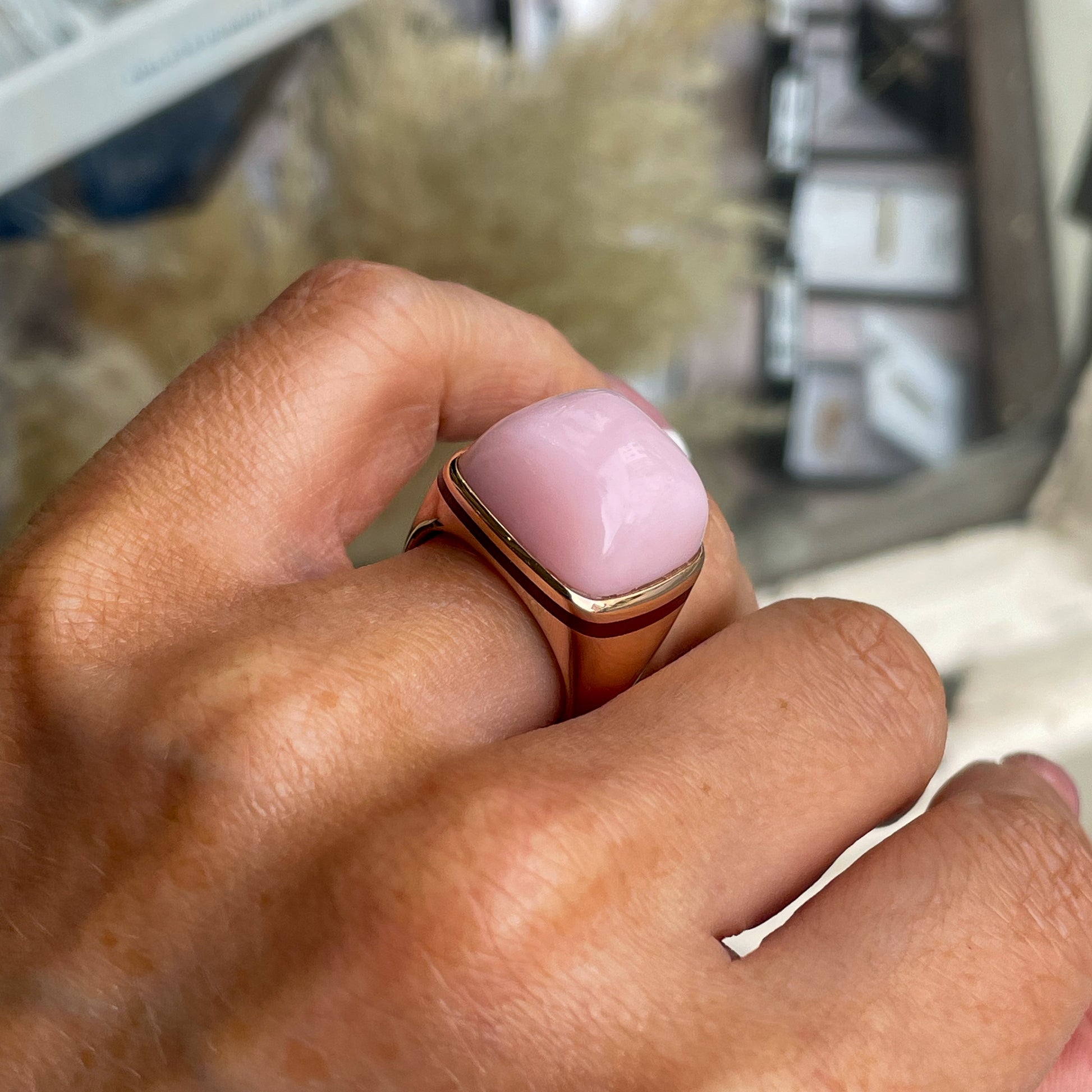 18ct Rose Gold Pink Opal & Enamel Ring | 19.43ct - John Ross Jewellers