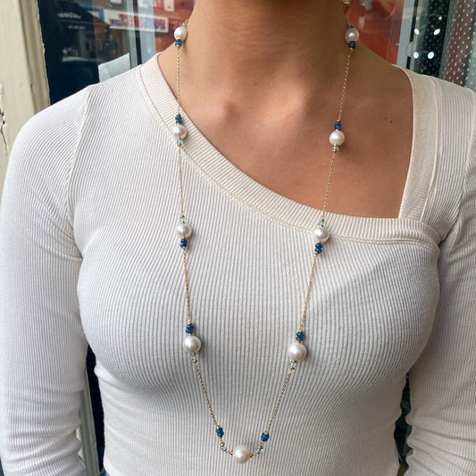 18ct Gold Pearl & Blue Gemstone Necklace - John Ross Jewellers