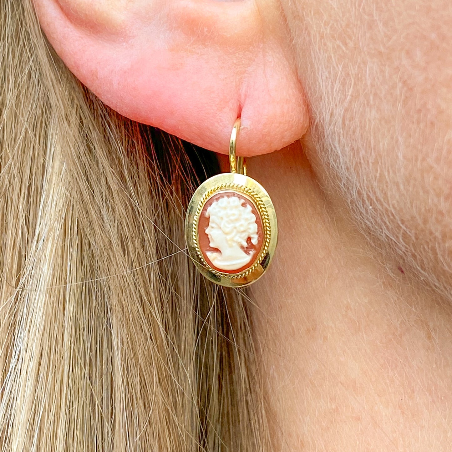 18ct Gold Shell Cameo Drop Earrings | German Wires - John Ross Jewellers