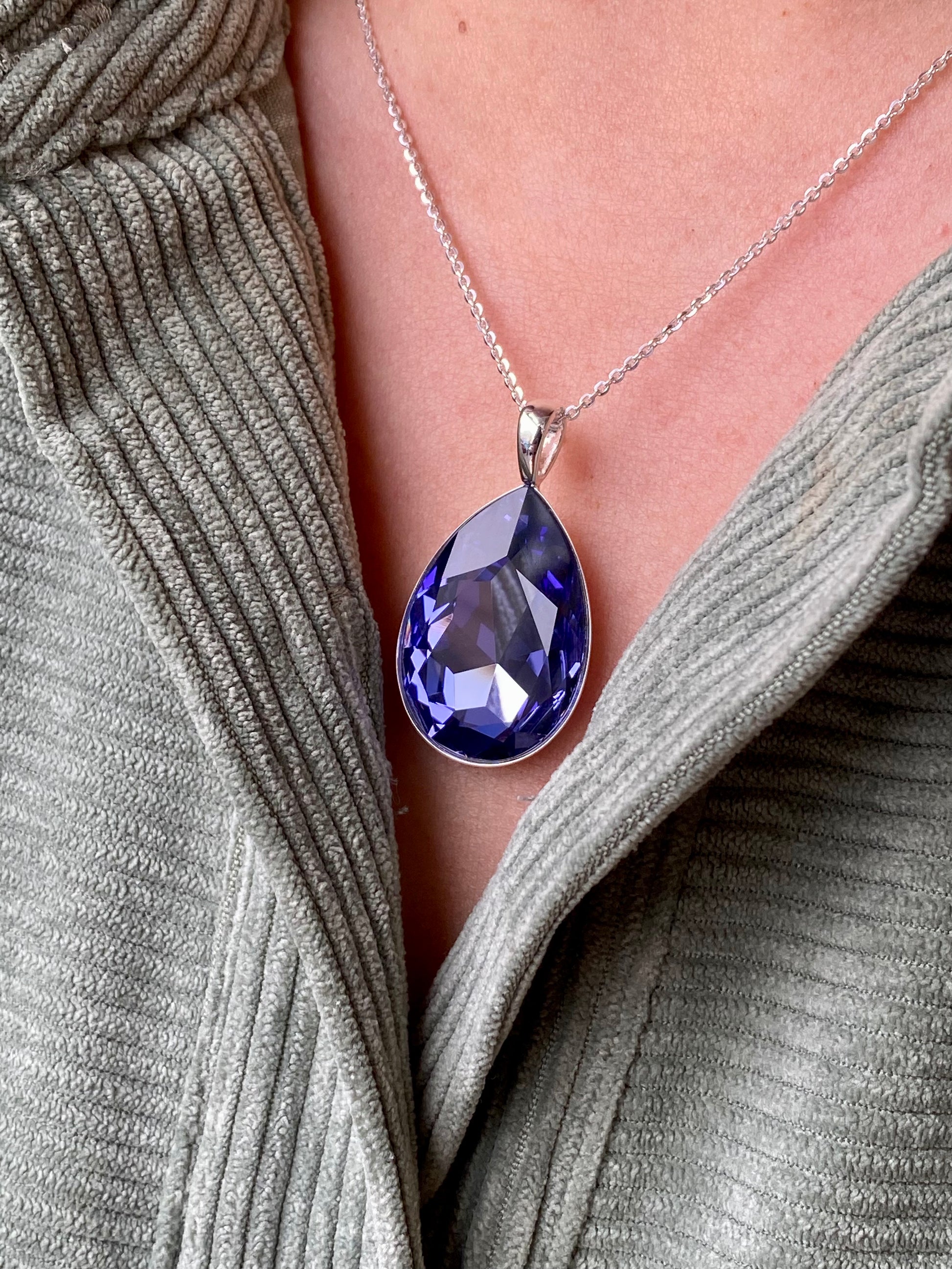 Silver Large Created Tanzanite Pear Necklace - John Ross Jewellers