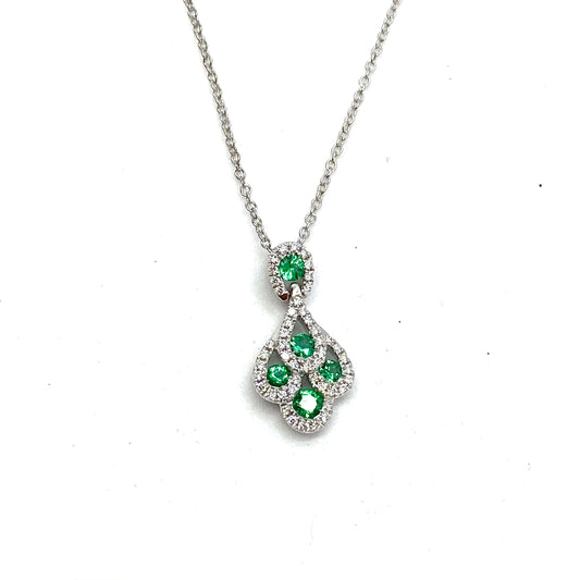 18ct White Gold Emerald & Diamond Peacock Tail Pendant Necklace - John Ross Jewellers