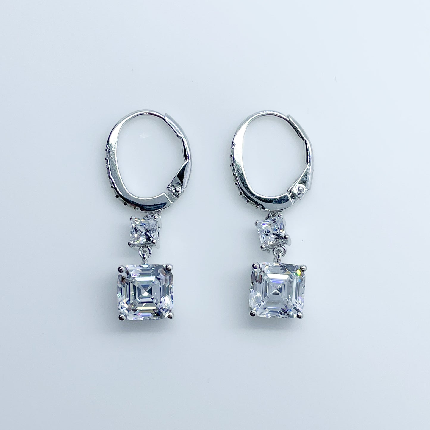 Silver Square Emerald Cut CZ Drop Earrings - John Ross Jewellers