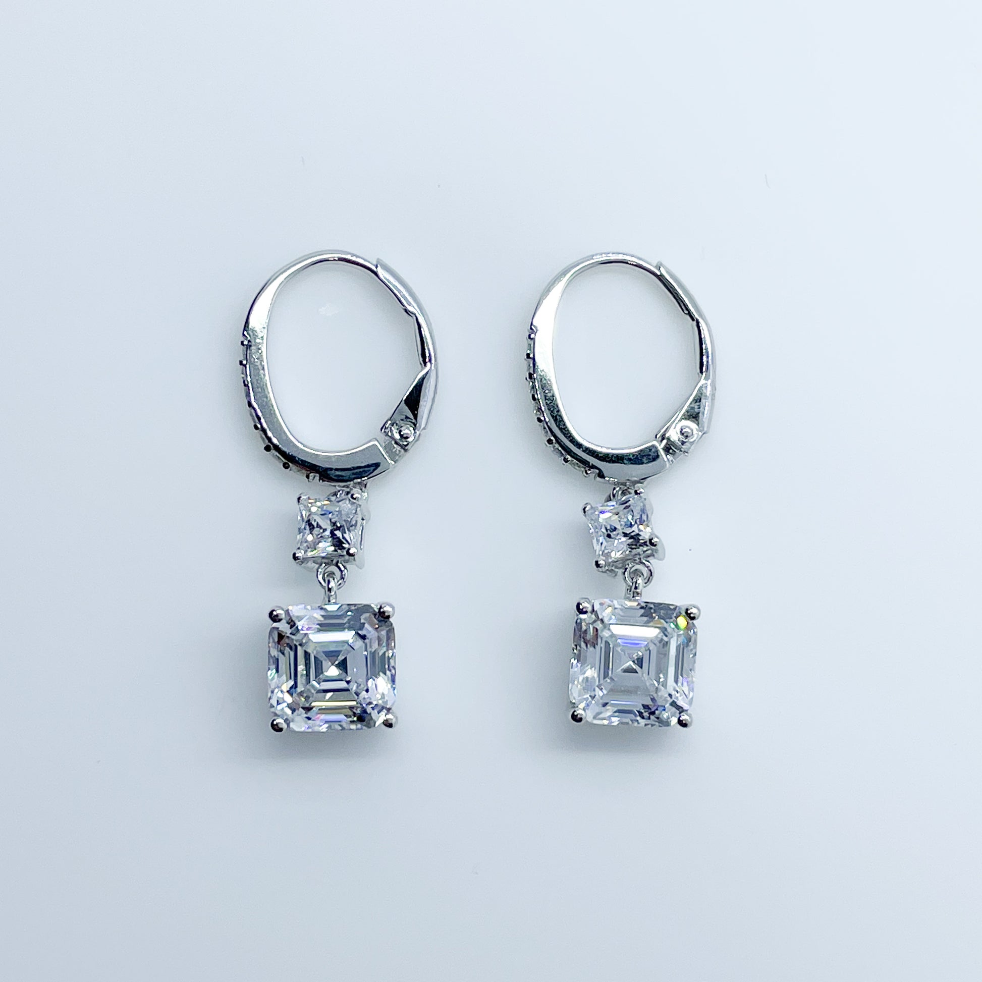 Silver Square Emerald Cut CZ Drop Earrings - John Ross Jewellers