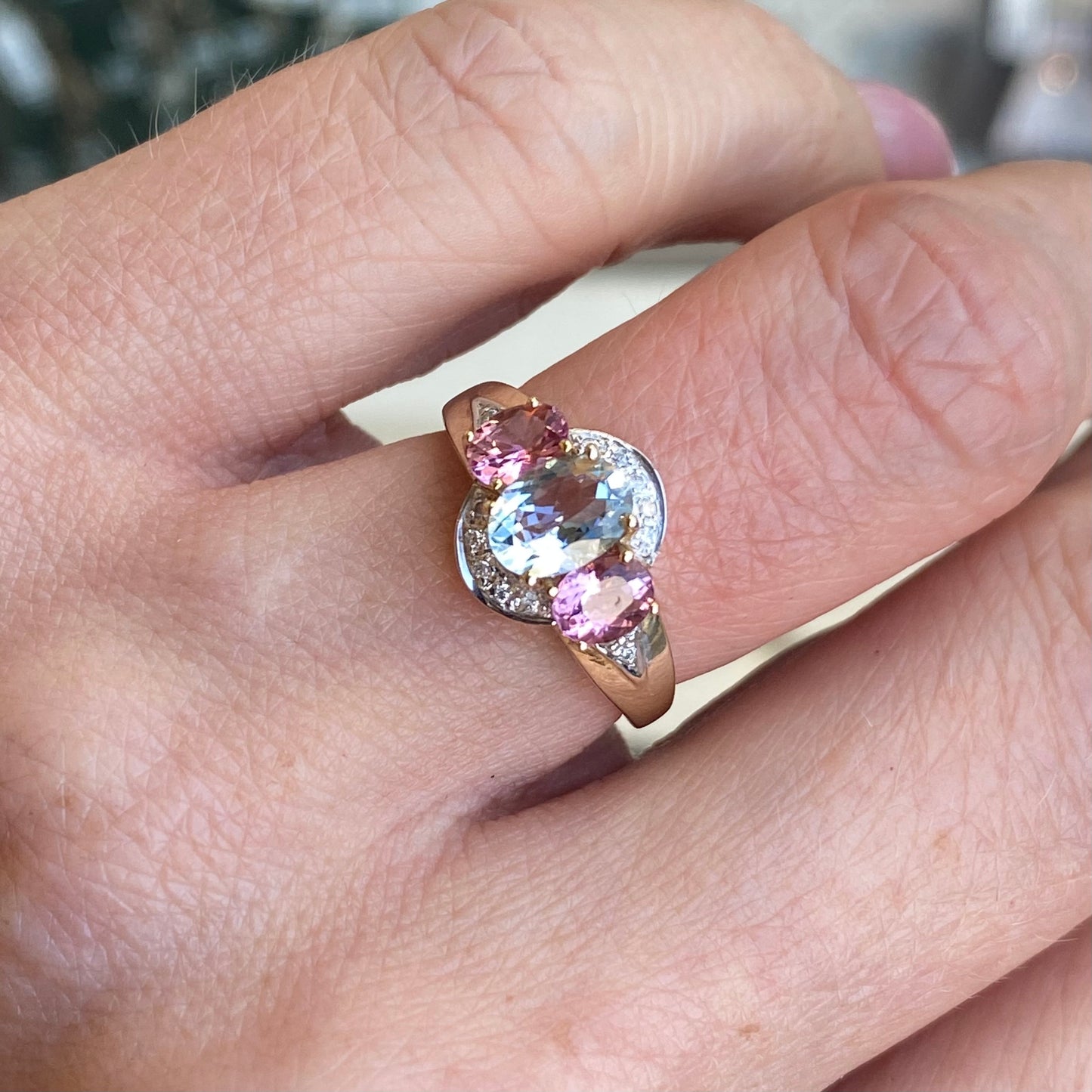 9ct Gold Aquamarine, Pink Tourmaline & Diamond Ring - John Ross Jewellers