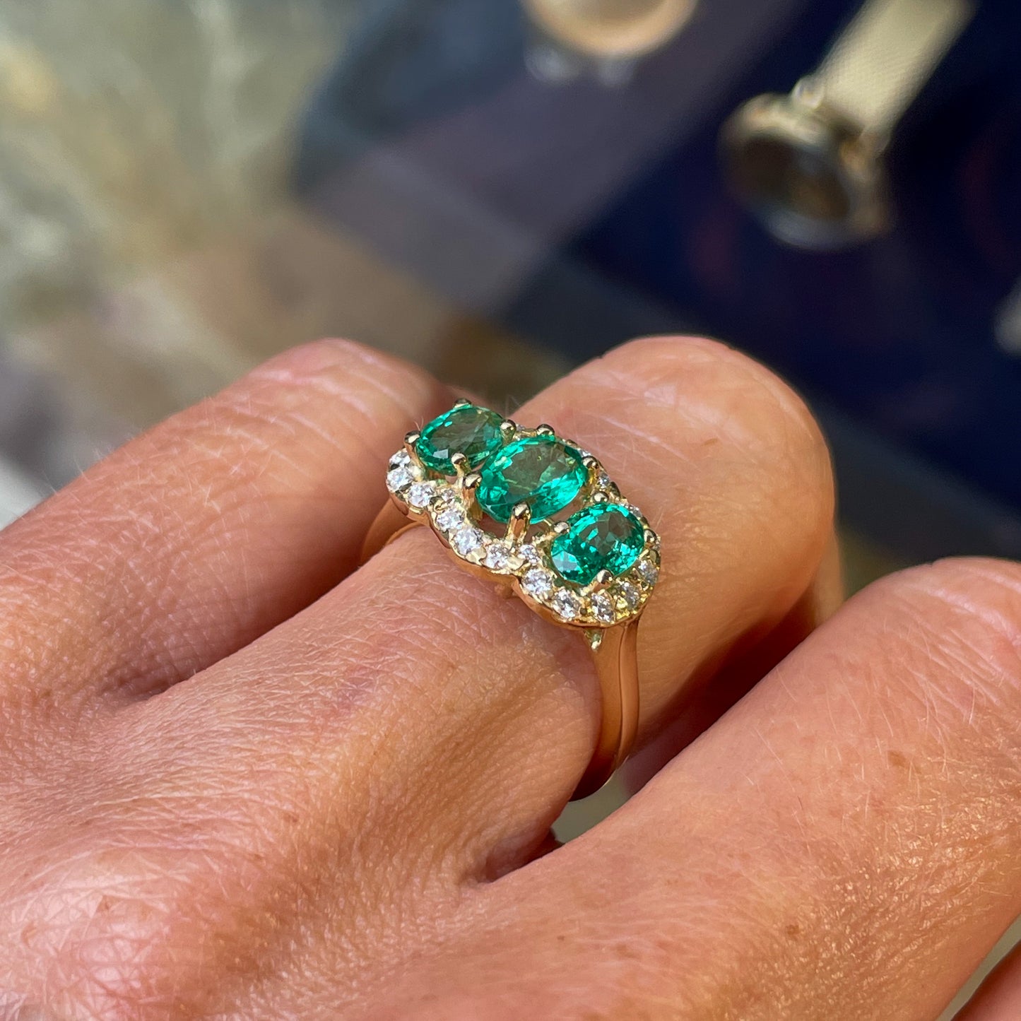 18ct Gold Emerald & Diamond Garland Ring - John Ross Jewellers