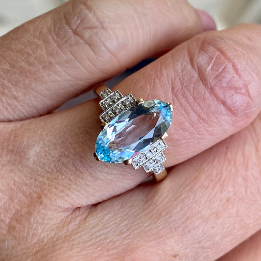 9ct Gold Marquis Sky Blue Topaz & Diamond Ring - John Ross Jewellers