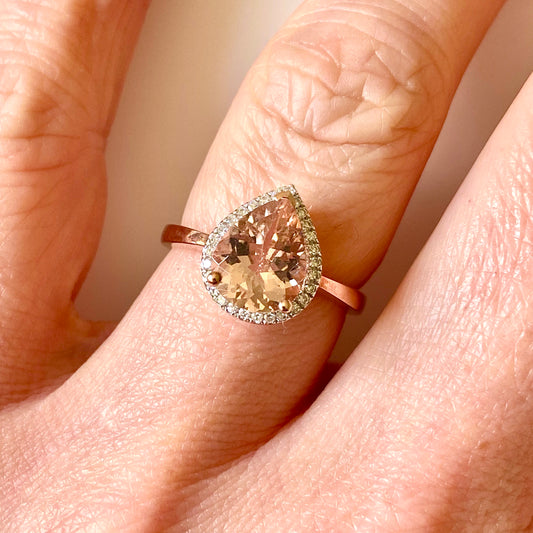 9ct Rose Gold Pear Cut Morganite and Diamond Halo Ring 9ct yellow gold   Size N Other sizes and gemstones available to order