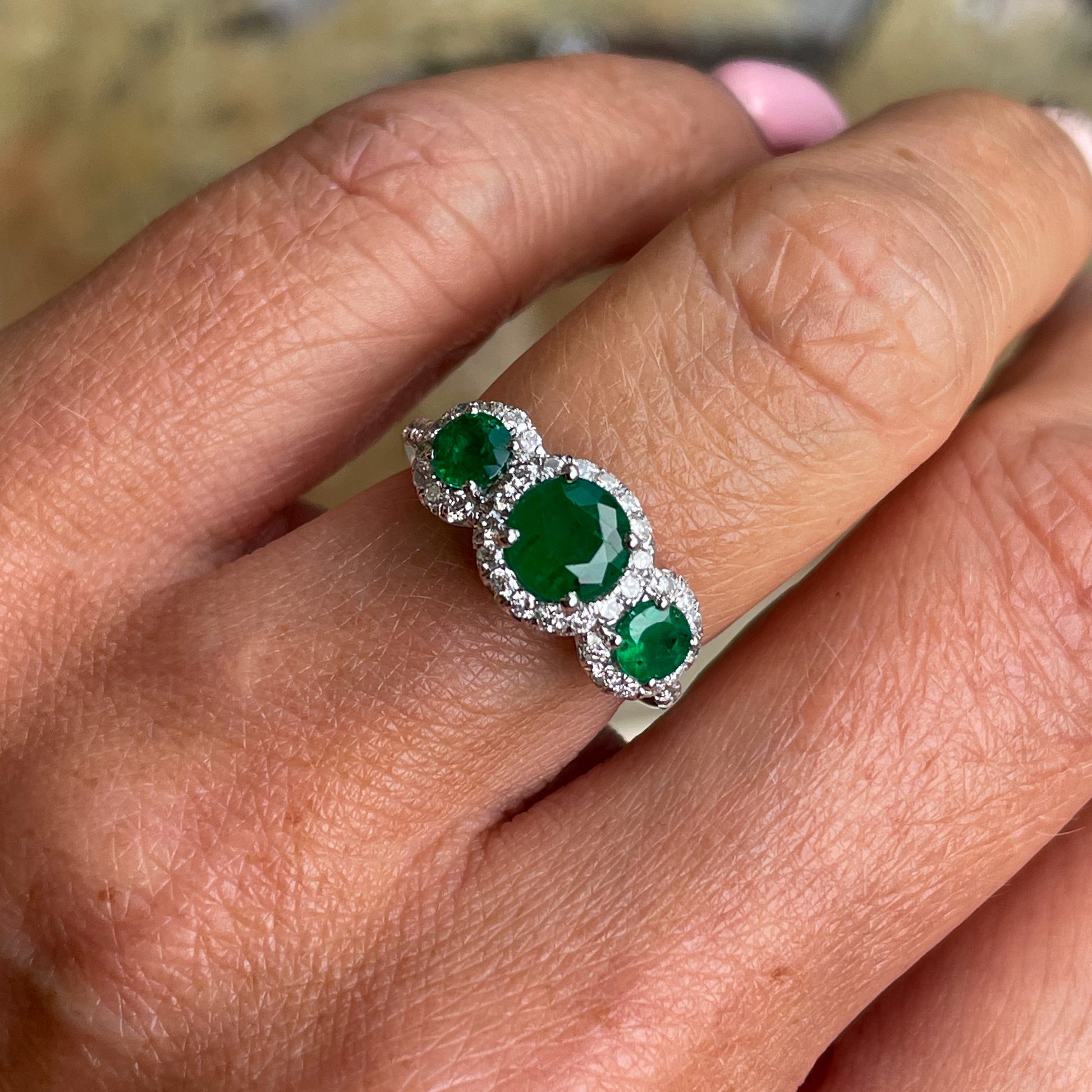 Platinum Emerald & Diamond Trilogy Garland Ring | Diamond Shoulders - John Ross Jewellers