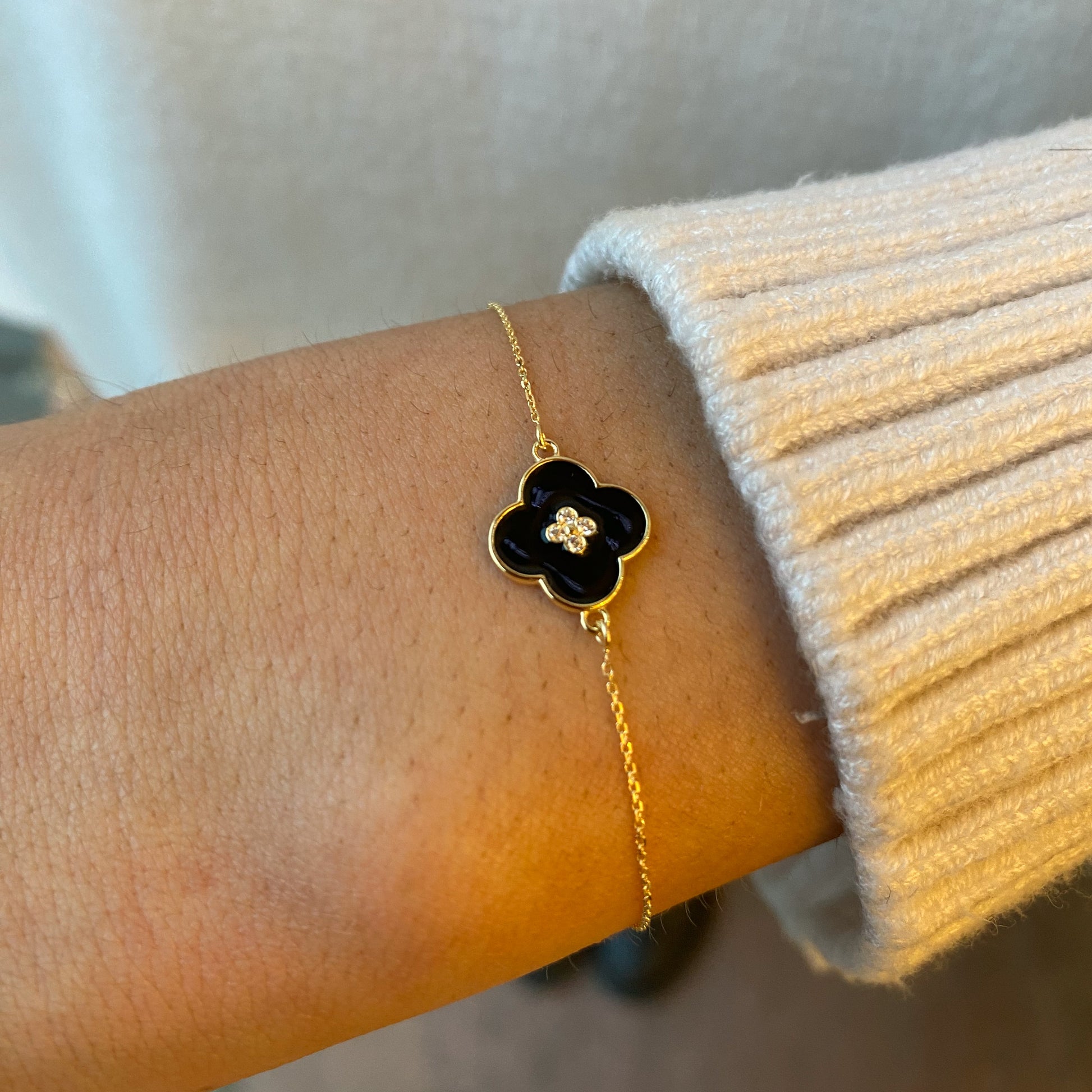 9ct Gold Black Enamel & CZ Quatrefoil Bracelet - John Ross Jewellers