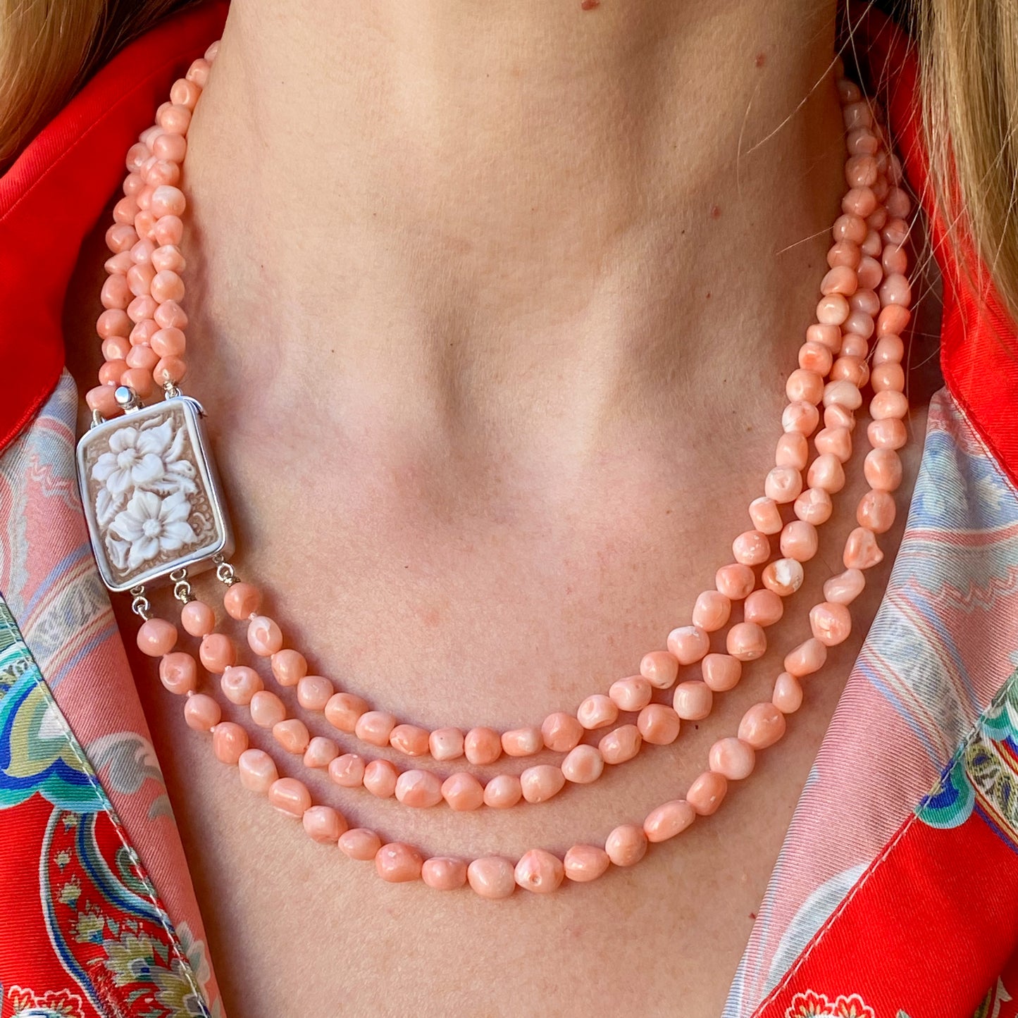 Floral Cameo & Rose Coral Three Row Necklace - John Ross Jewellers