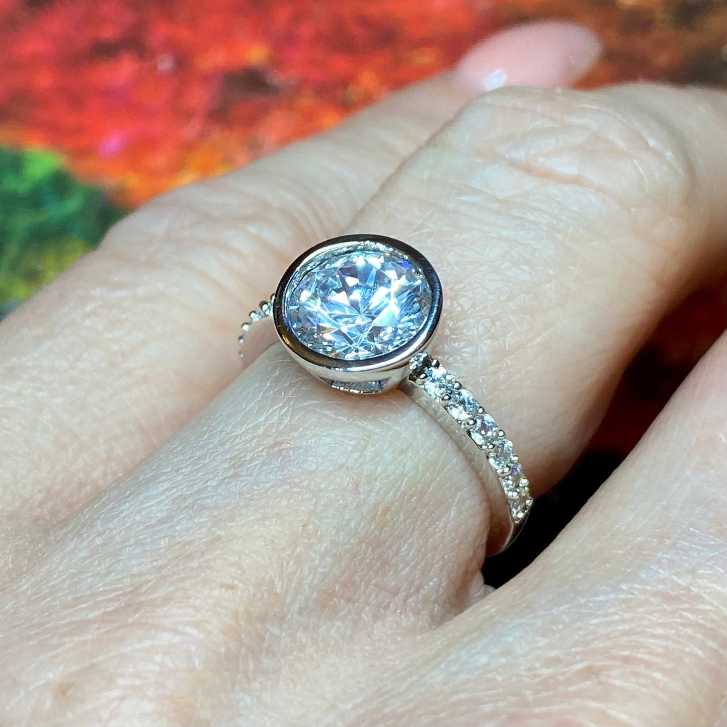 Silver Bezel Set CZ Solitaire Ring with CZ Shoulders - John Ross Jewellers