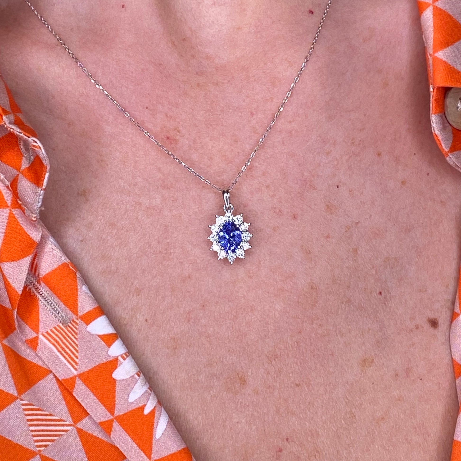 18ct White Gold Tanzanite & Diamond Pendant - John Ross Jewellers