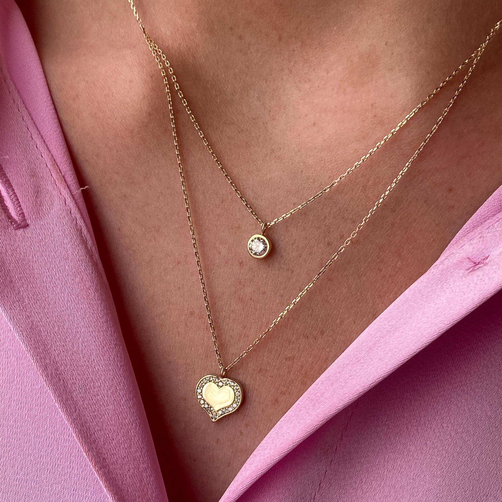 9ct Gold Double Necklace | CZ& CZ Heart Disc - John Ross Jewellers
