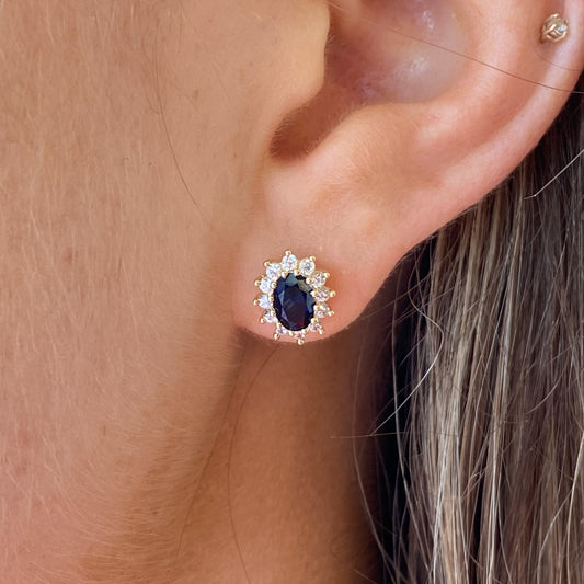 9ct Gold Created Sapphire & CZ Oval Stud Earrings - John Ross Jewellers