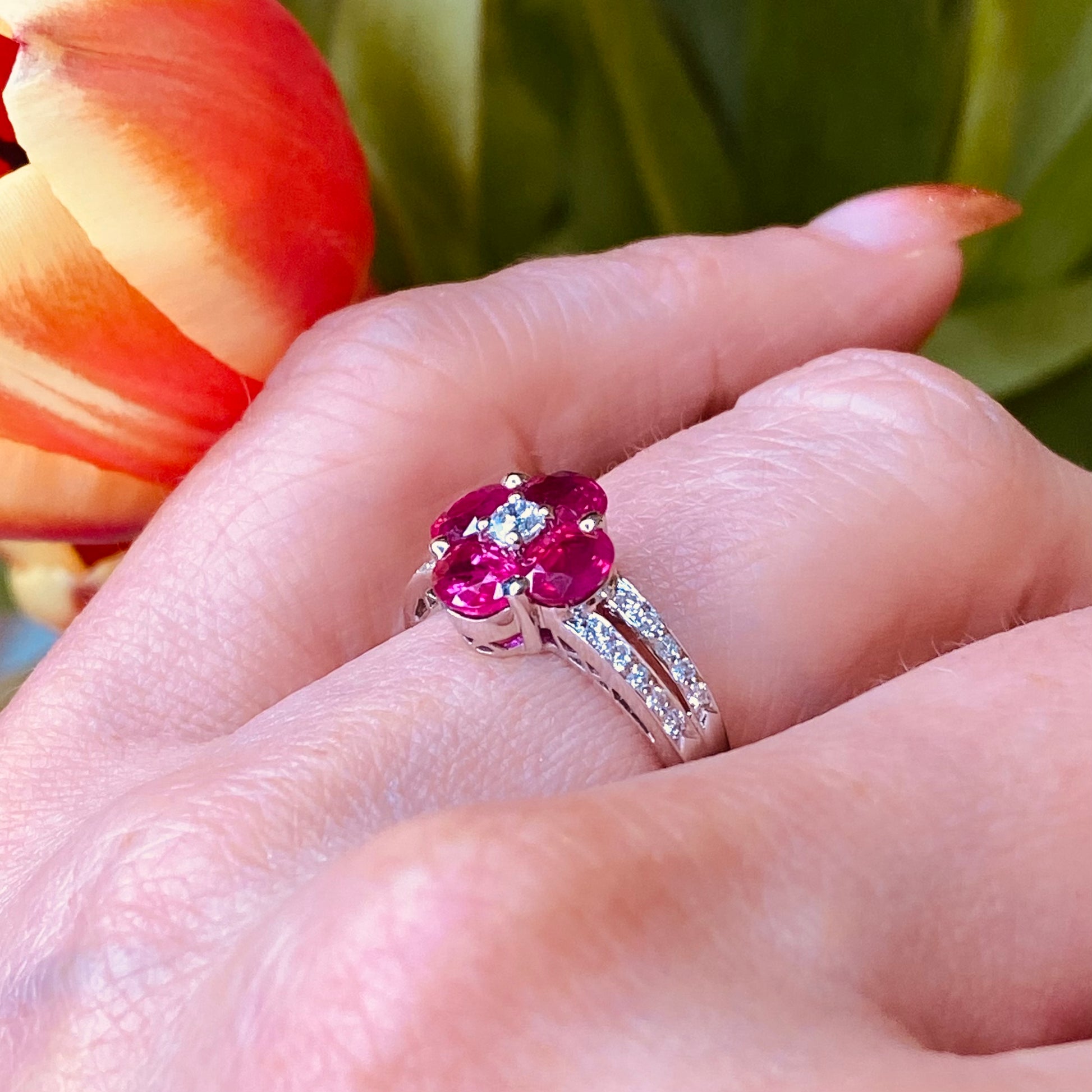 18ct White Gold Pink Sapphire & Diamond Quatrefoil Ring - John Ross Jewellers