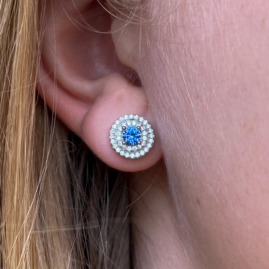 Silver CZ Double Halo Stud Earrings - Created Sapphire - John Ross Jewellers