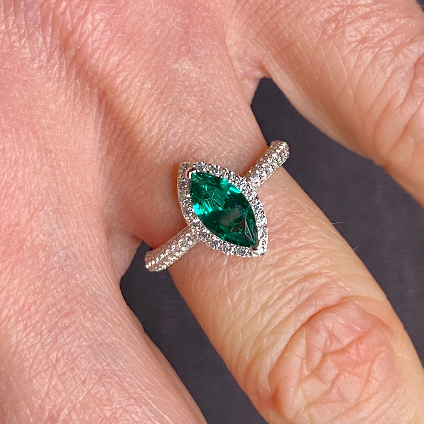 Silver Created Emerald CZ Marquis Ring - John Ross Jewellers