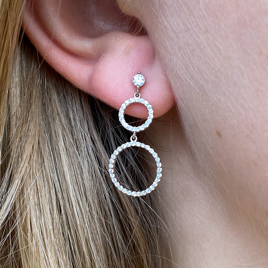 Silver Double Circle CZ Drop Earrings - John Ross Jewellers