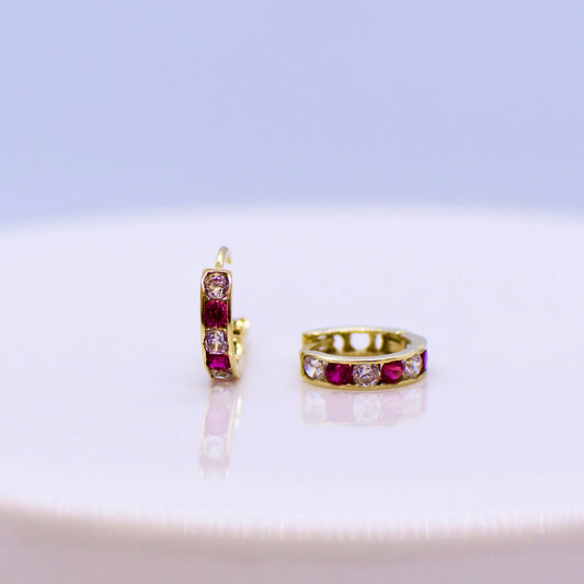 9ct Gold CZ Huggie Earrings - Red & White - John Ross Jewellers