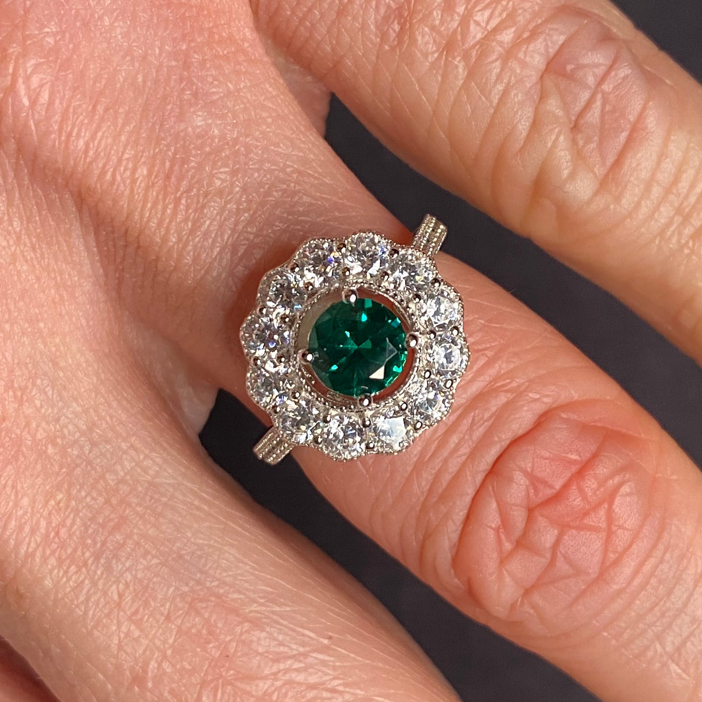 Silver Created Emerald CZ Halo Ring - John Ross Jewellers