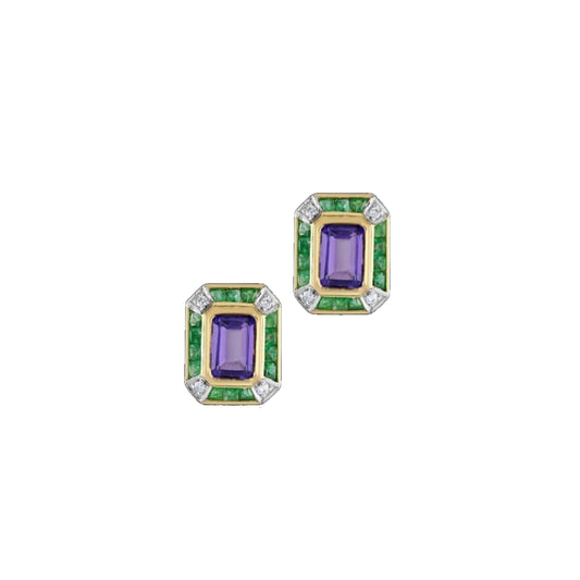 9ct Gold Amethyst, Emerald & Diamond Stud Earrings - John Ross Jewellers